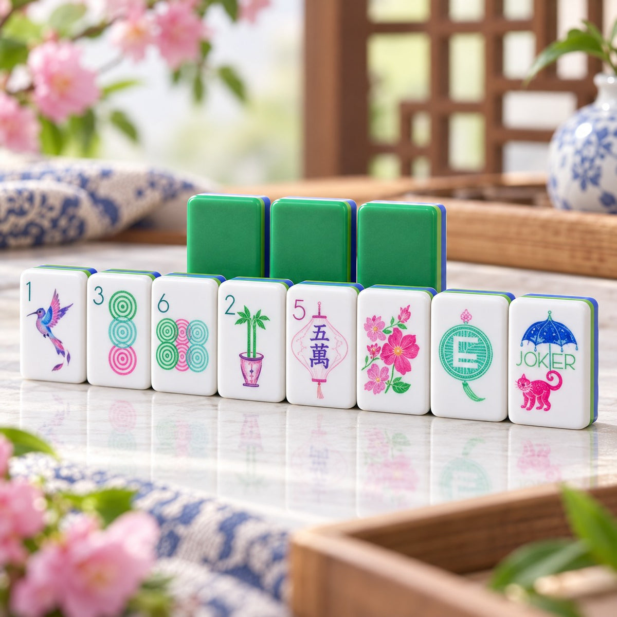 Floral Feline Pink Flowers American mahjong tiles set with floral and feline artwork