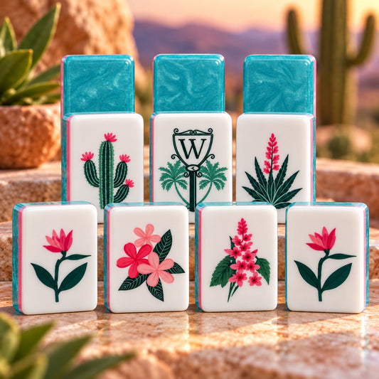 Floral Pink Flower Turquoise American mahjong tiles set with floral artwork