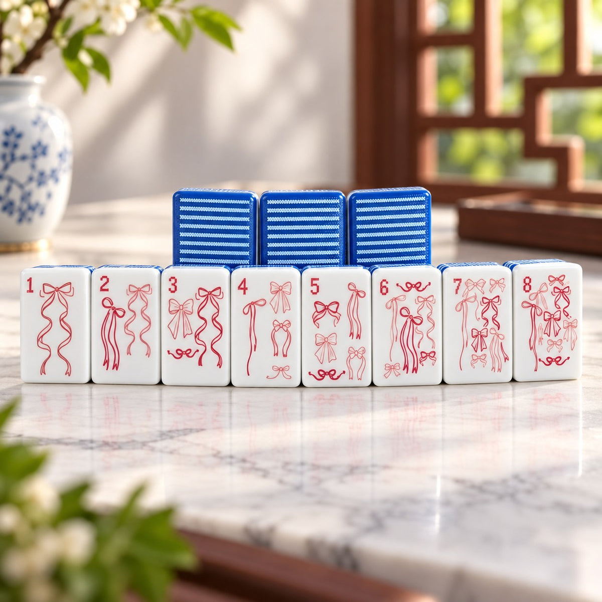 Blue Stripe Floral Bird American mahjong tiles set with floral and nature motifs with birds, flowers, and chinese characters artwork