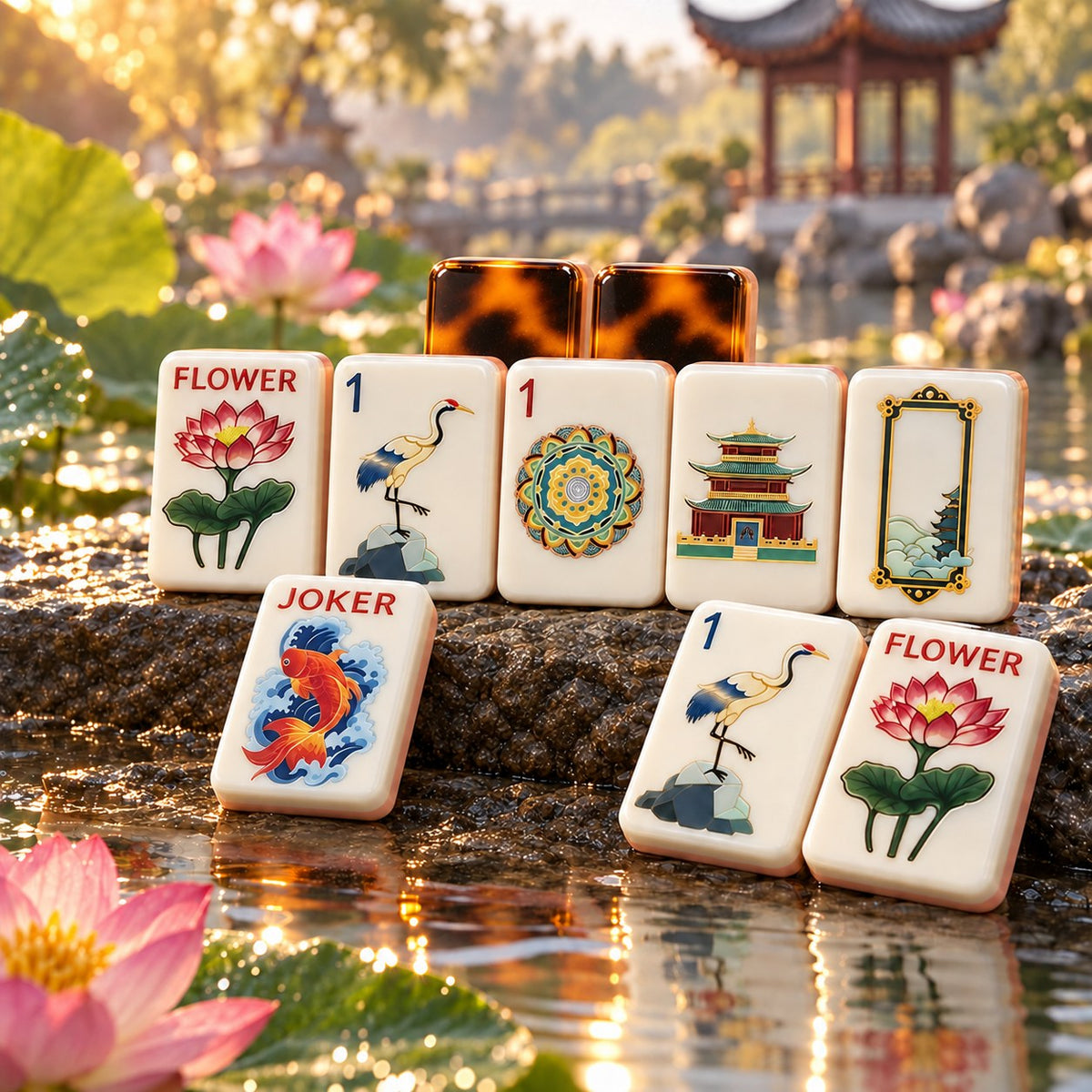 Lotus Crane Koi Pagoda American mahjong tiles set with chinese architecture, lotus flowers, cranes, koi fish artwork