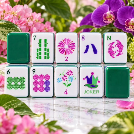 Floral Bird Pink Purple American mahjong tiles set with flowers and birds artwork