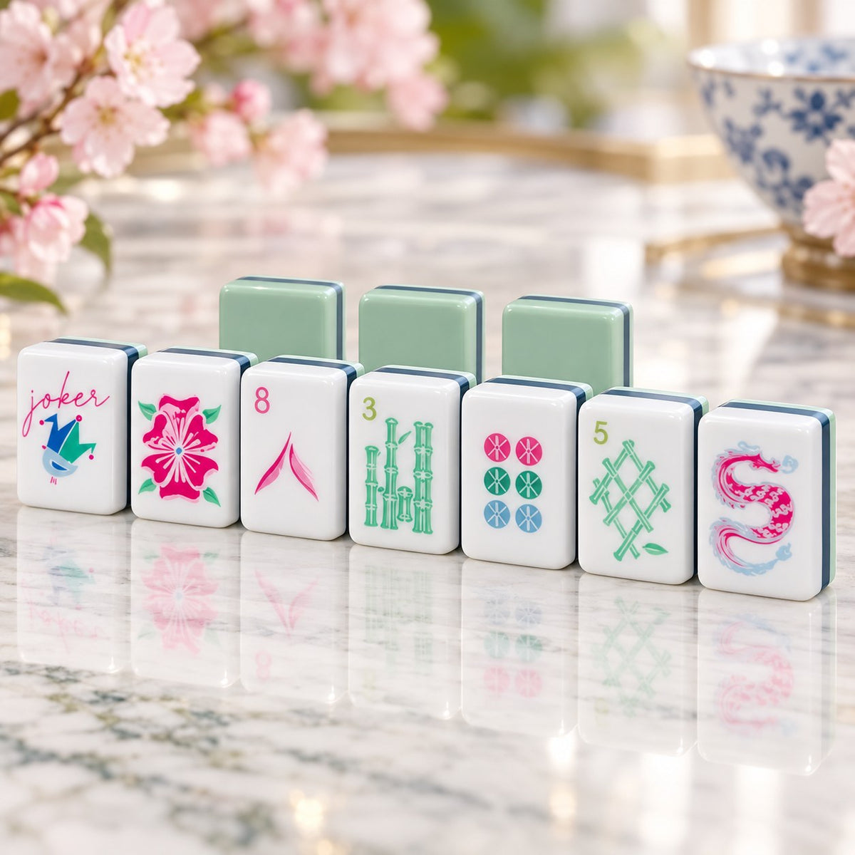 Botanical Flowers Chinese Characters American mahjong tiles set with botanical and chinese characters artwork