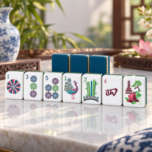 Teal Green Blue Botanical American mahjong tiles set with botanical and architectural artwork