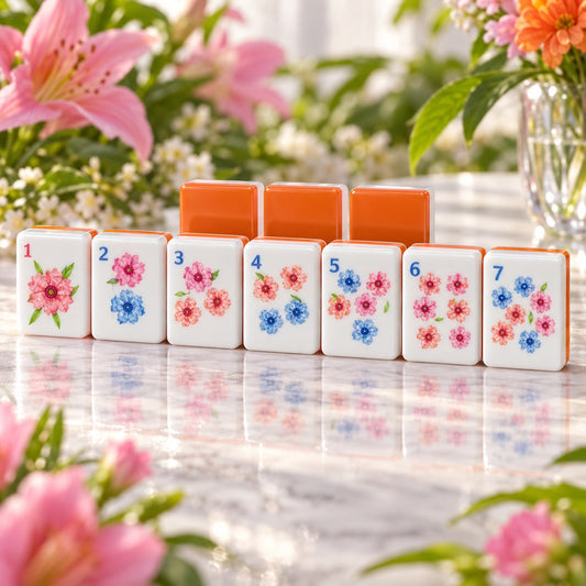 Floral Fruit Orange Green American mahjong tiles set with floral and fruit artwork