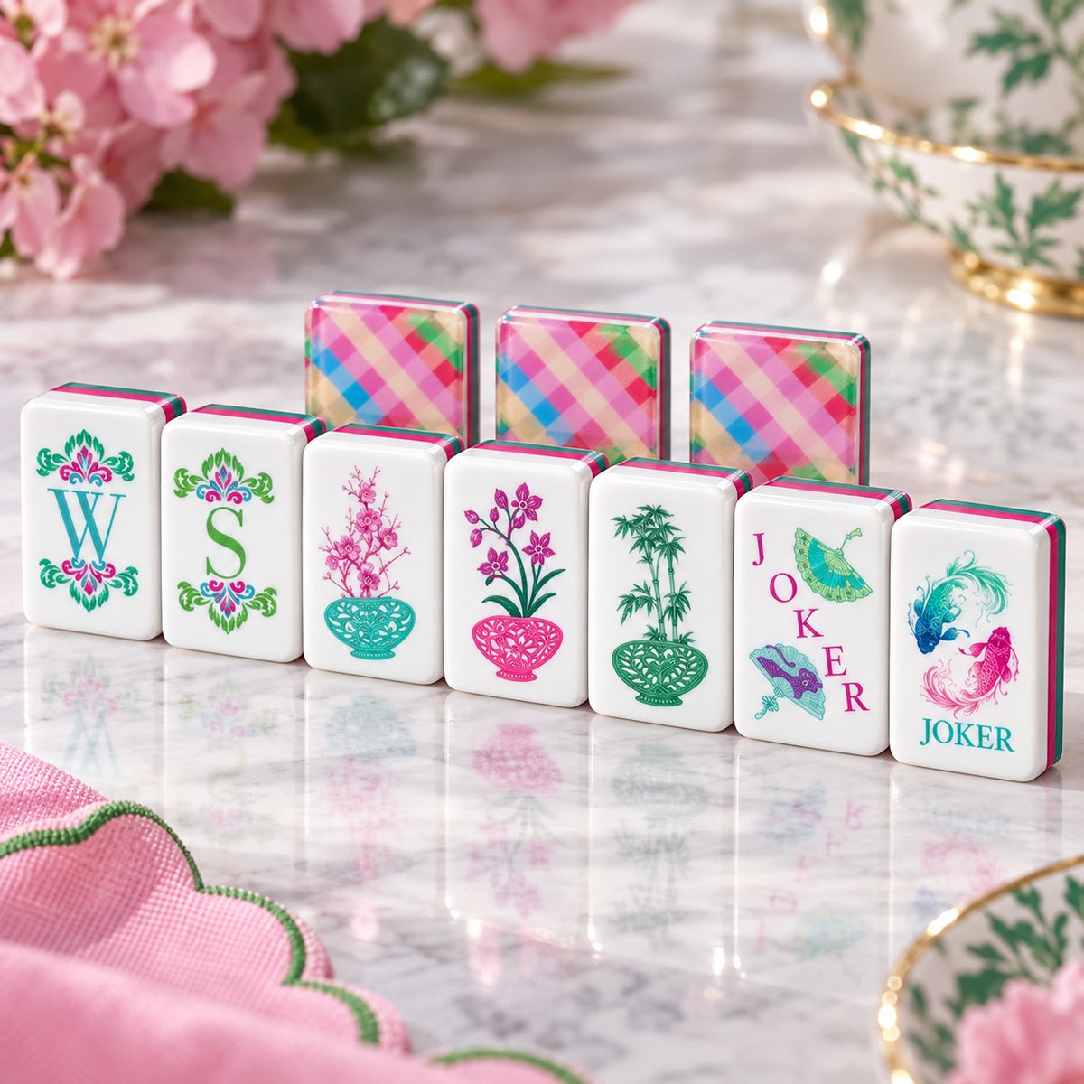 Floral Fruit Pink Green American mahjong tiles set with floral and fruit artwork