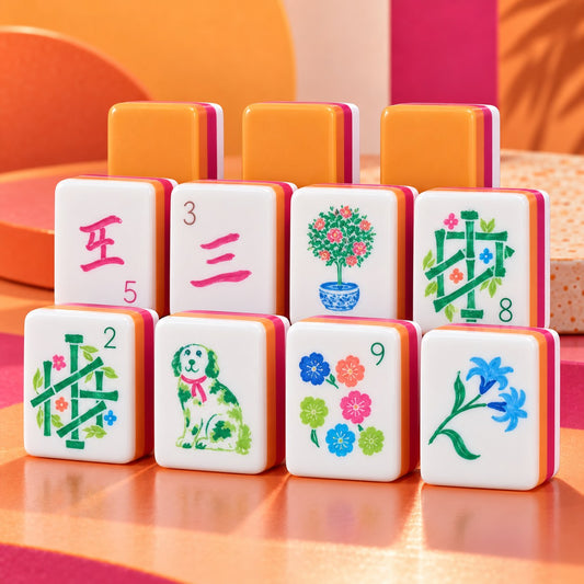 Floral Geometric Orange Pink American mahjong tiles set with floral and geometric artwork