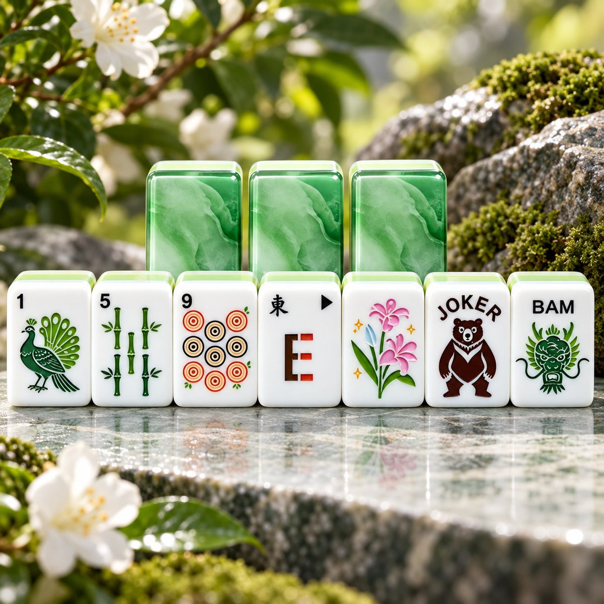 Marbled Mint Green Botanical American mahjong tiles set with botanical and chinese characters artwork