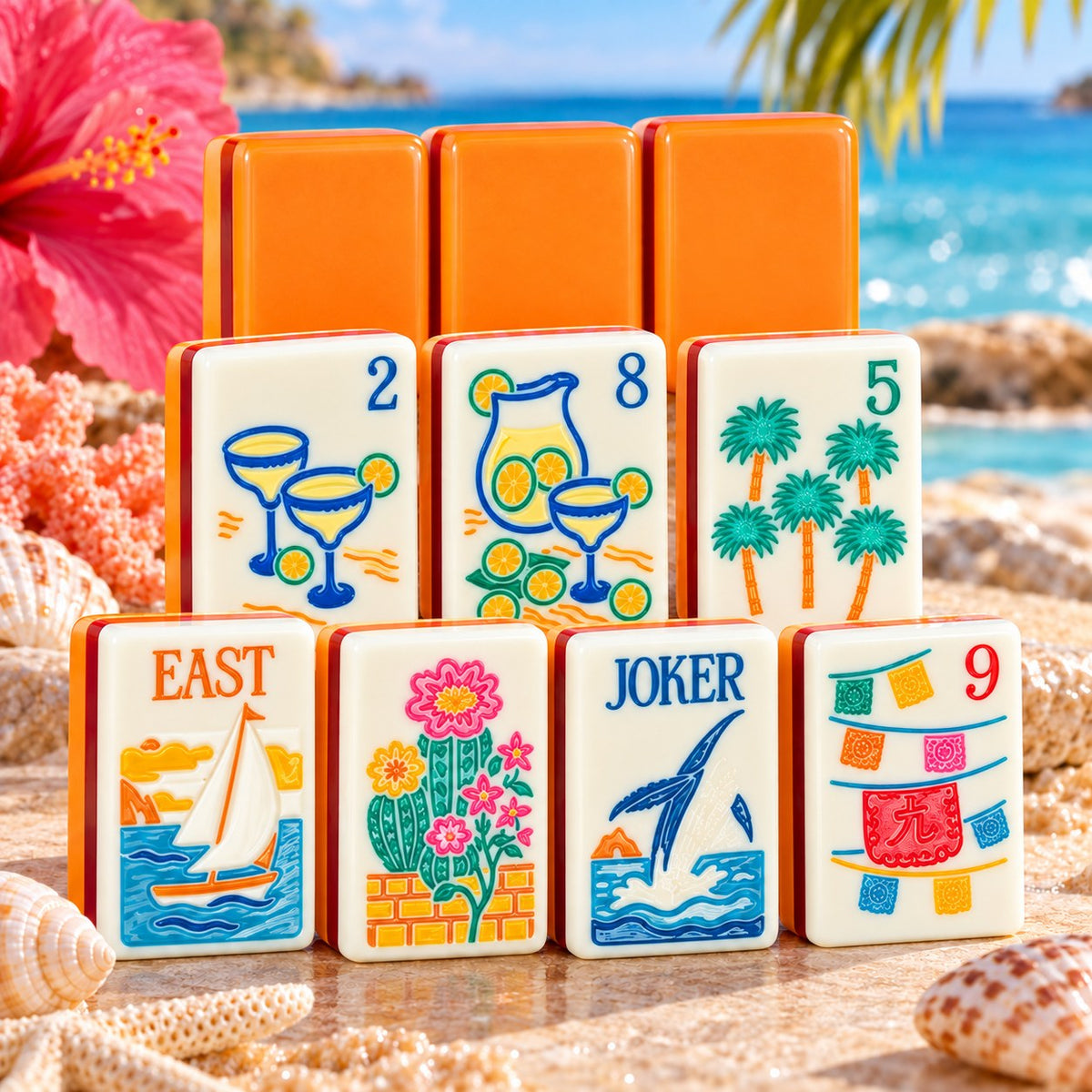 Coastal Tropical Orange Summer American mahjong tiles set with coastal and tropical artwork