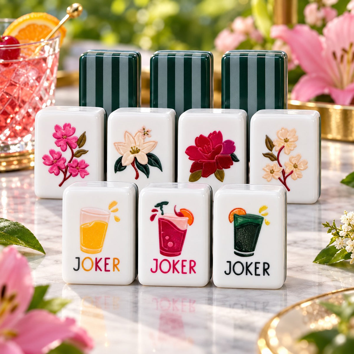 Floral Drink Joker American mahjong tiles set with floral and drink illustrations artwork