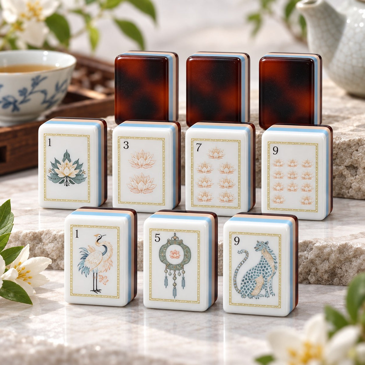 Botanical Flower Striped American mahjong tiles set with botanical artwork