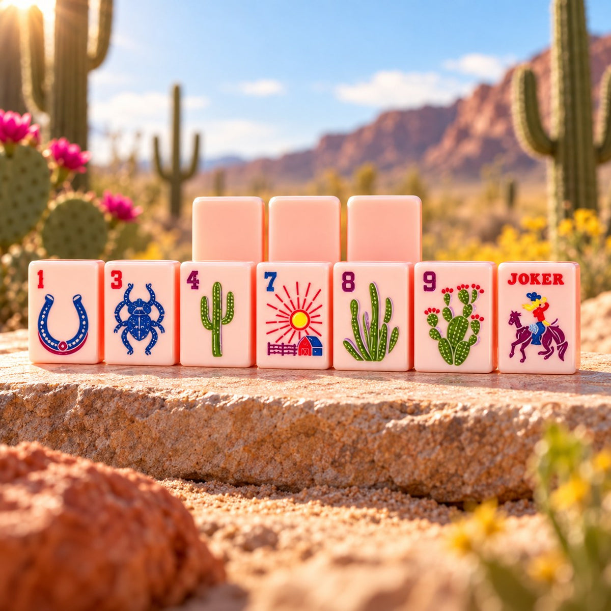 Cactus Horseshoe Firework Insect American mahjong tiles set with cactus, horseshoe, firework, insect, cowboy boot, snake, sun, plant artwork