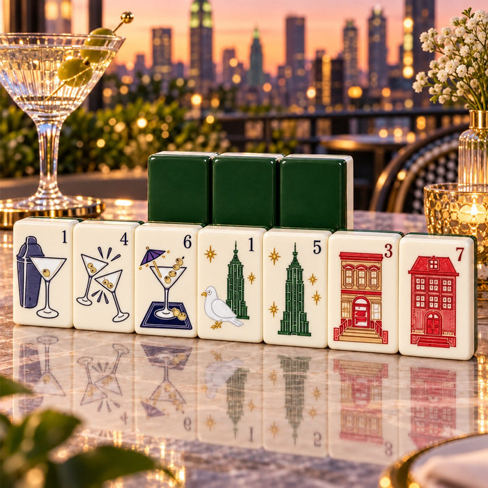Cocktail City Drinks Landmark American mahjong tiles set with cocktail drinks and city buildings artwork