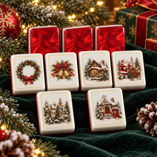 Christmas Marbled Red Backs American mahjong tiles set with christmas artwork
